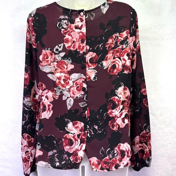 Philosophy Semi Sheer Back Button Detail Floral Long Sleeve Blouse Burgandy XS - Picture 3 of 10